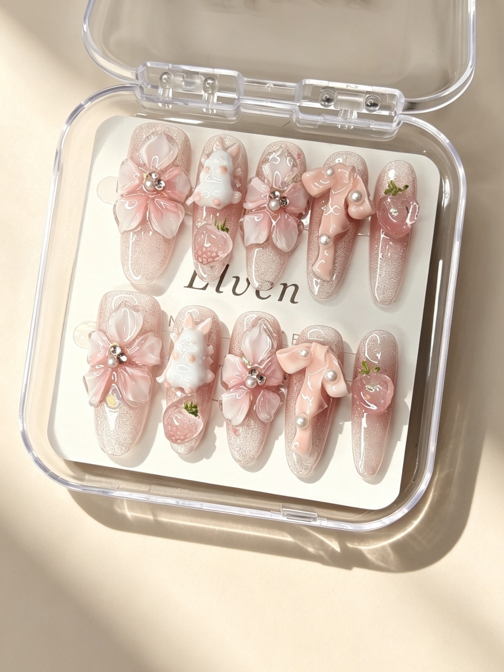 Cute Pink 3D Flower & Strawberry Rabbit Long Oval Press On Nails With Ribbon